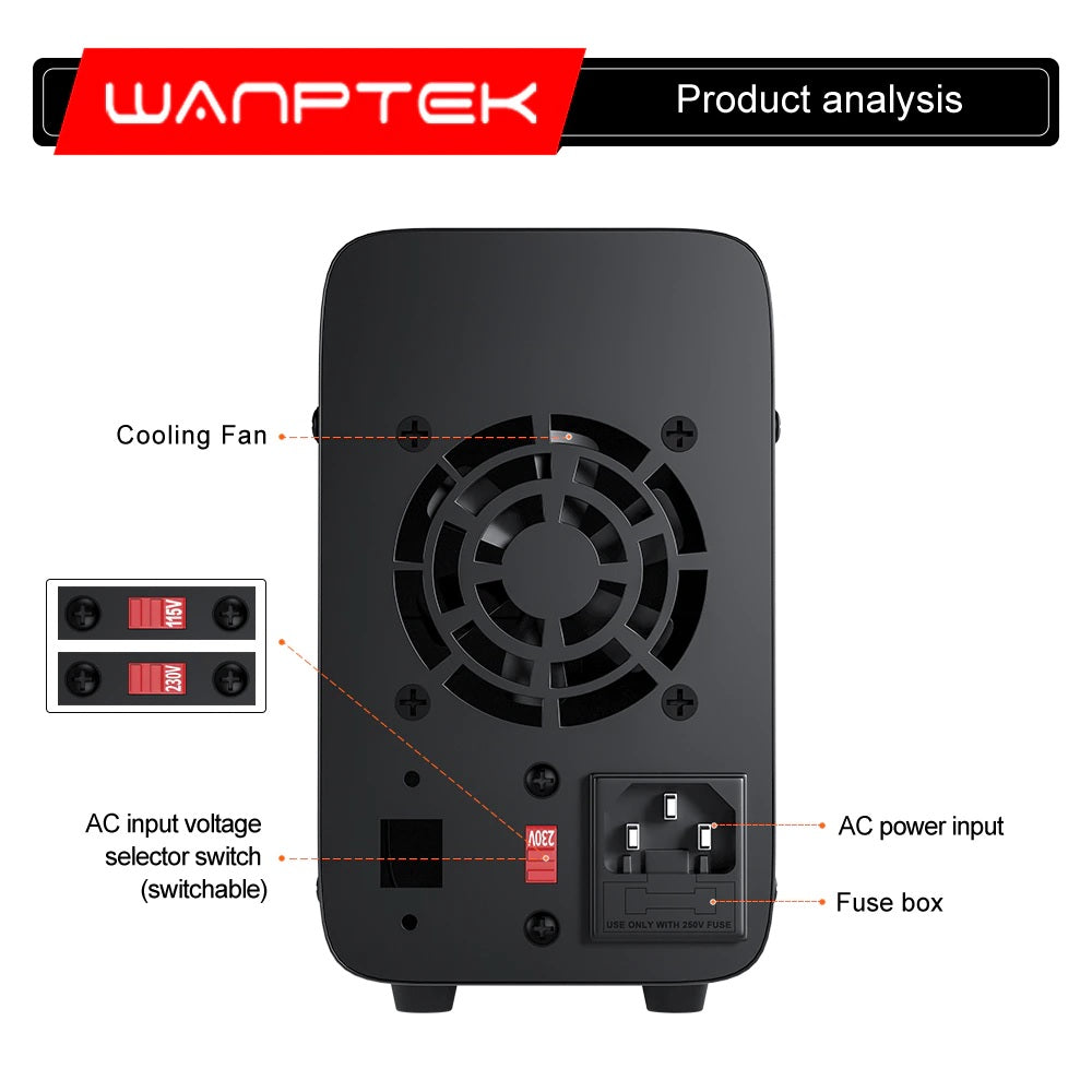 Wanptek Adjustable DC power supply 30V 10A USB Digital Lab Bench Power Supply - Electromann SA