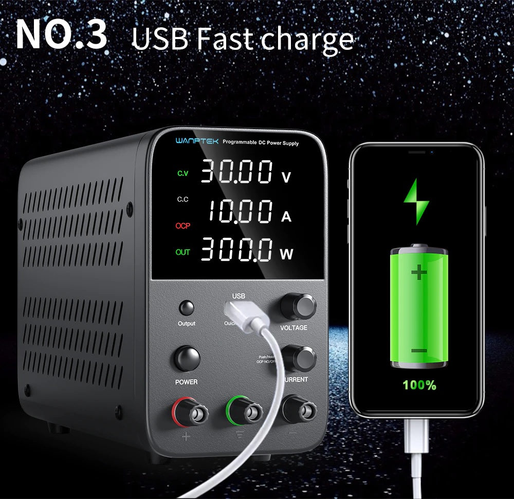 Wanptek Adjustable DC power supply 30V 10A USB Digital Lab Bench Power Supply - Electromann SA
