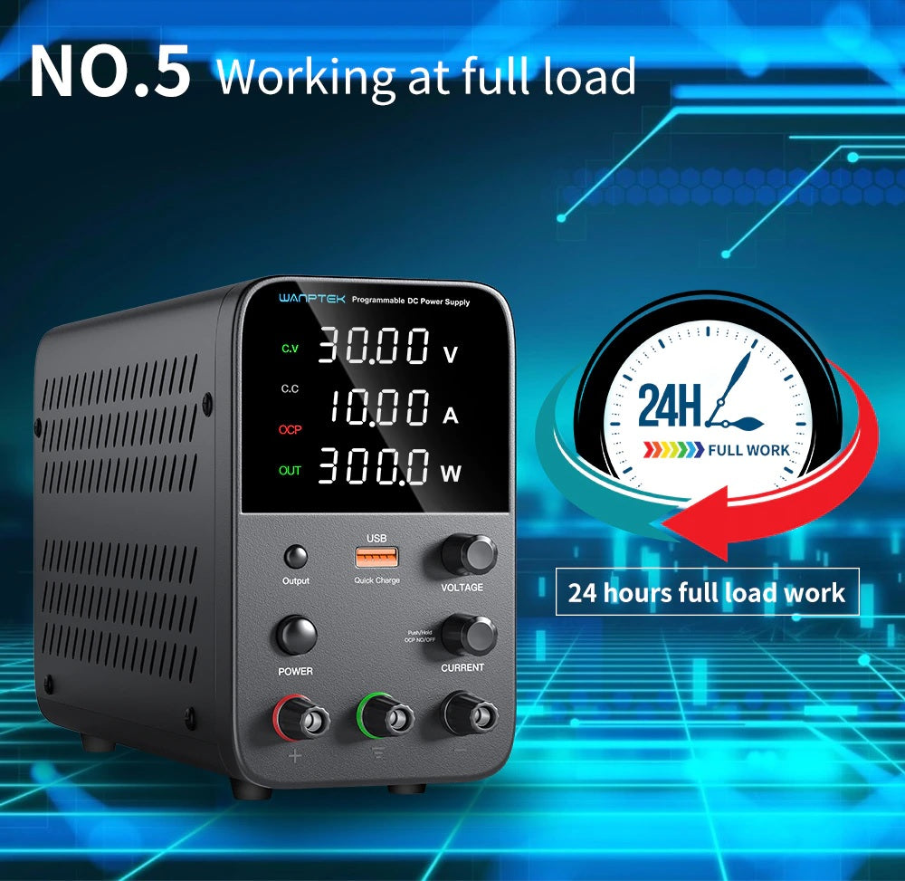 Wanptek Adjustable DC power supply 30V 10A USB Digital Lab Bench Power Supply - Electromann SA