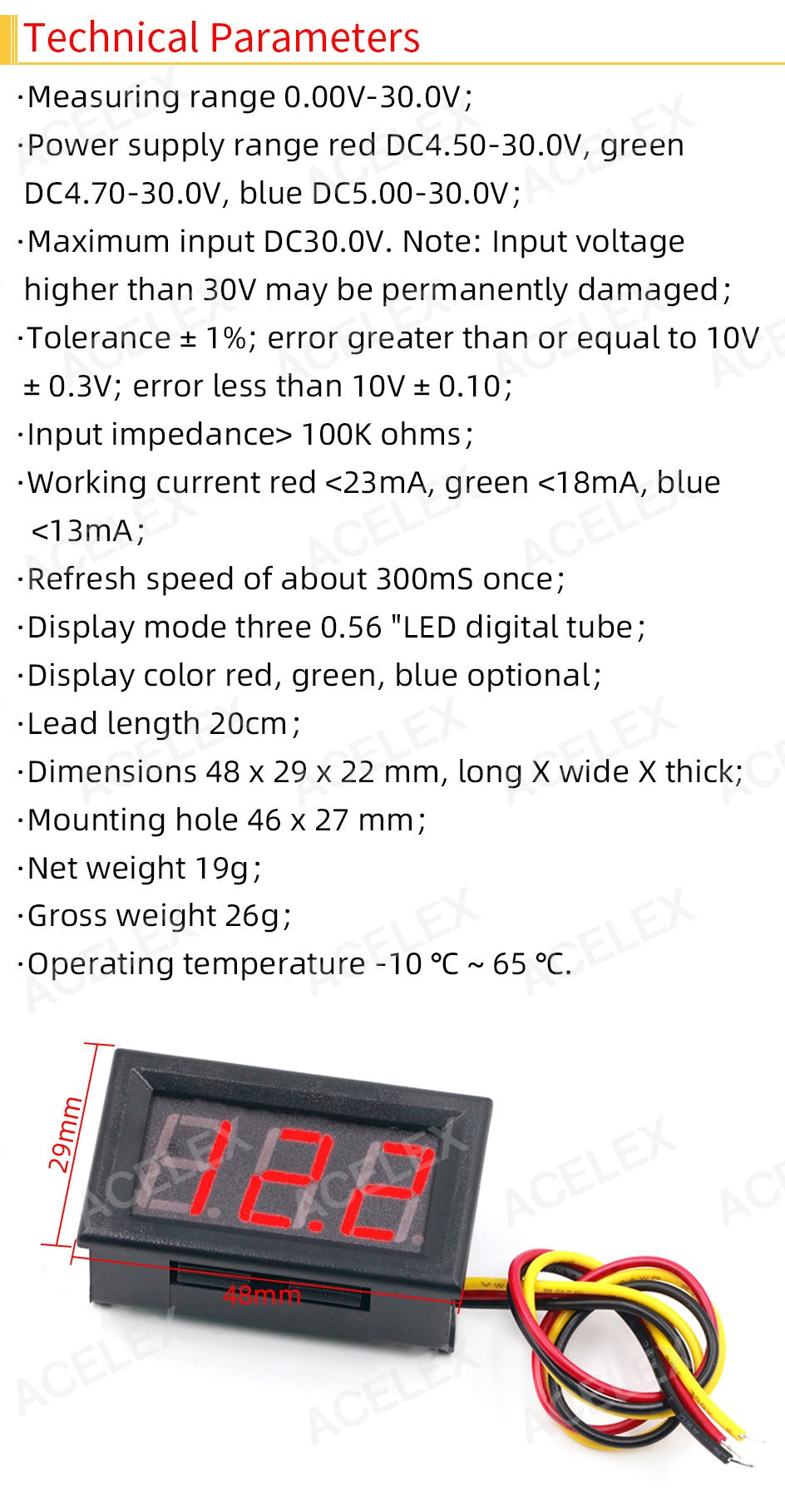 4.5 to 30v 0.56 Inch Mini Green LED Display Panel Voltage Meter - Electromann SA