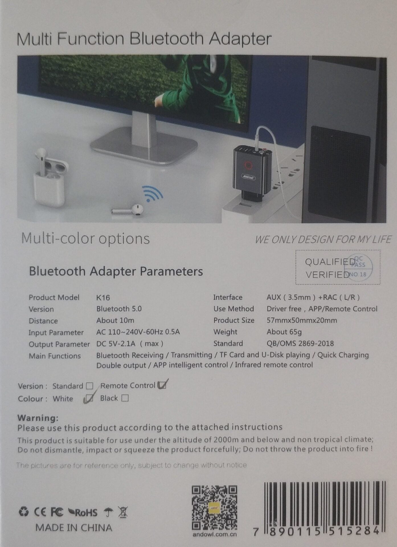 Andowl K16 Wireless Bluetooth Audio Adapter and Mobile Charger - Electromann SA