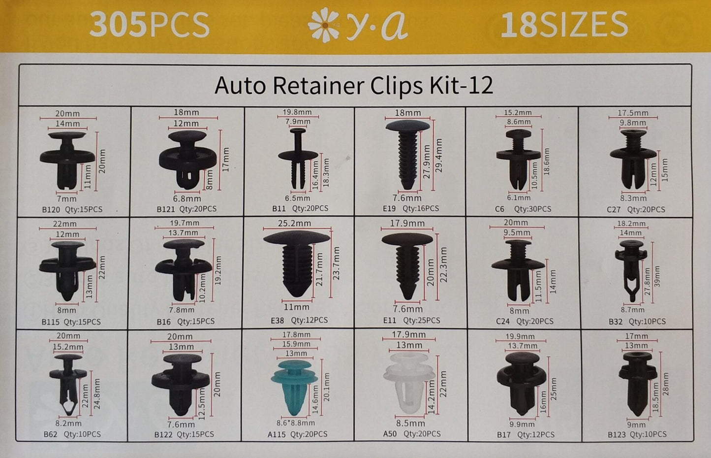 305 pcs 18 Types Plastic Car Body Push Pin Fastener Clip Kit - Electromann SA