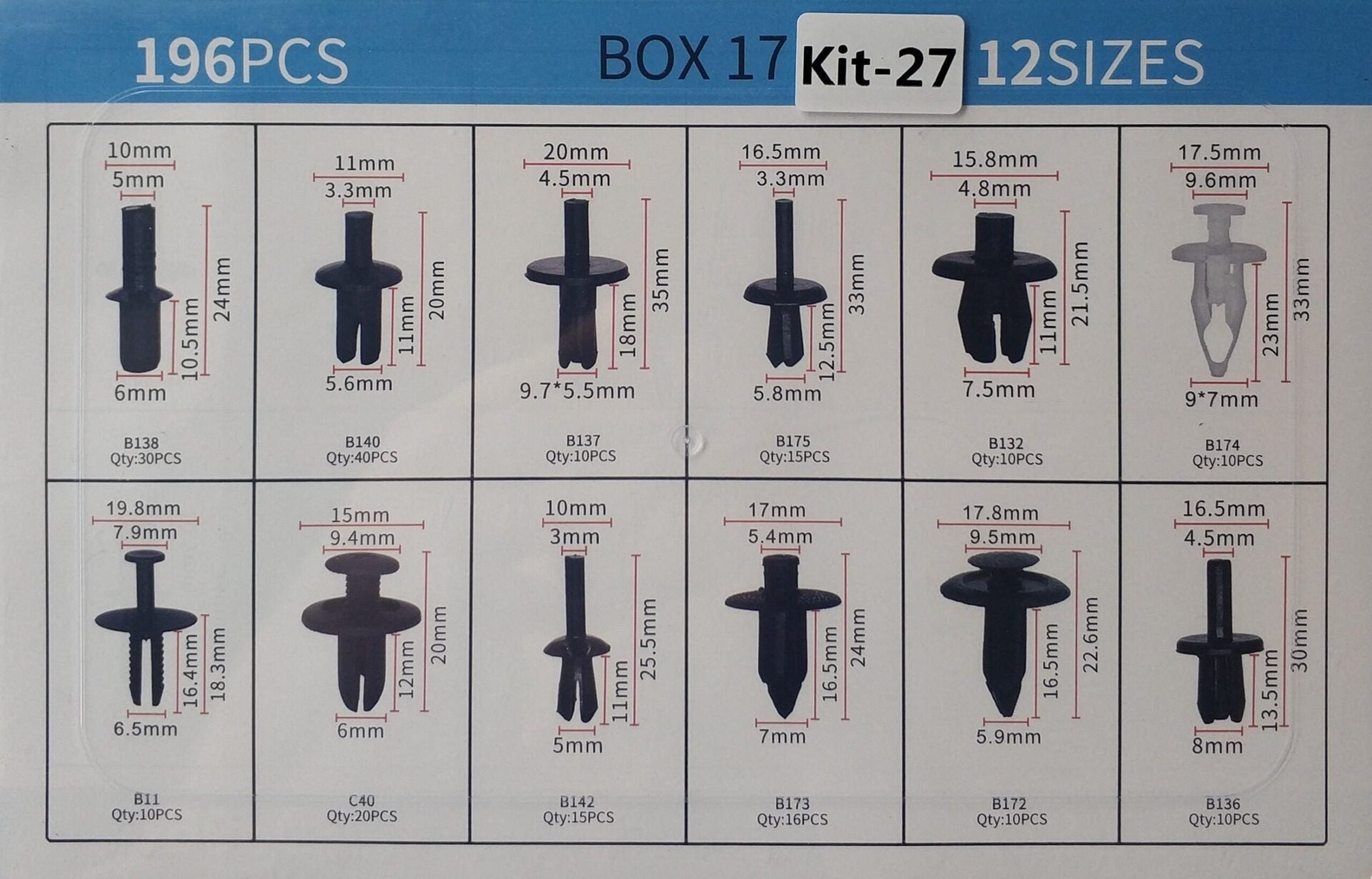 196 pcs 12 Types Plastic Car Body Push Pin Fastener Clip Kit - Electromann SA