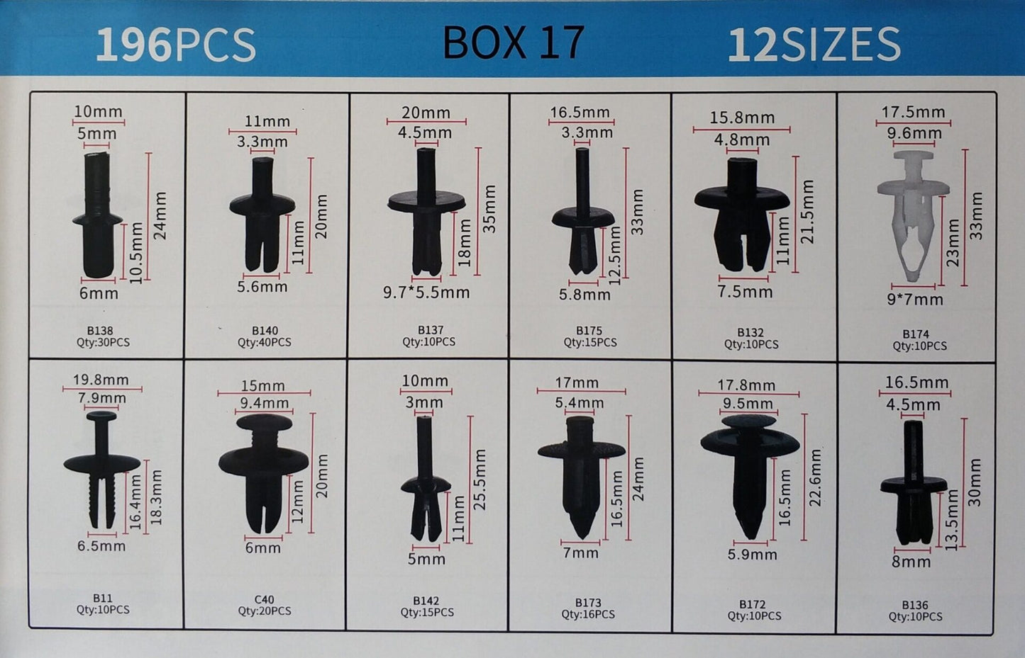 196 pcs 12 Types Plastic Car Body Push Pin Fastener Clip Kit - Electromann SA