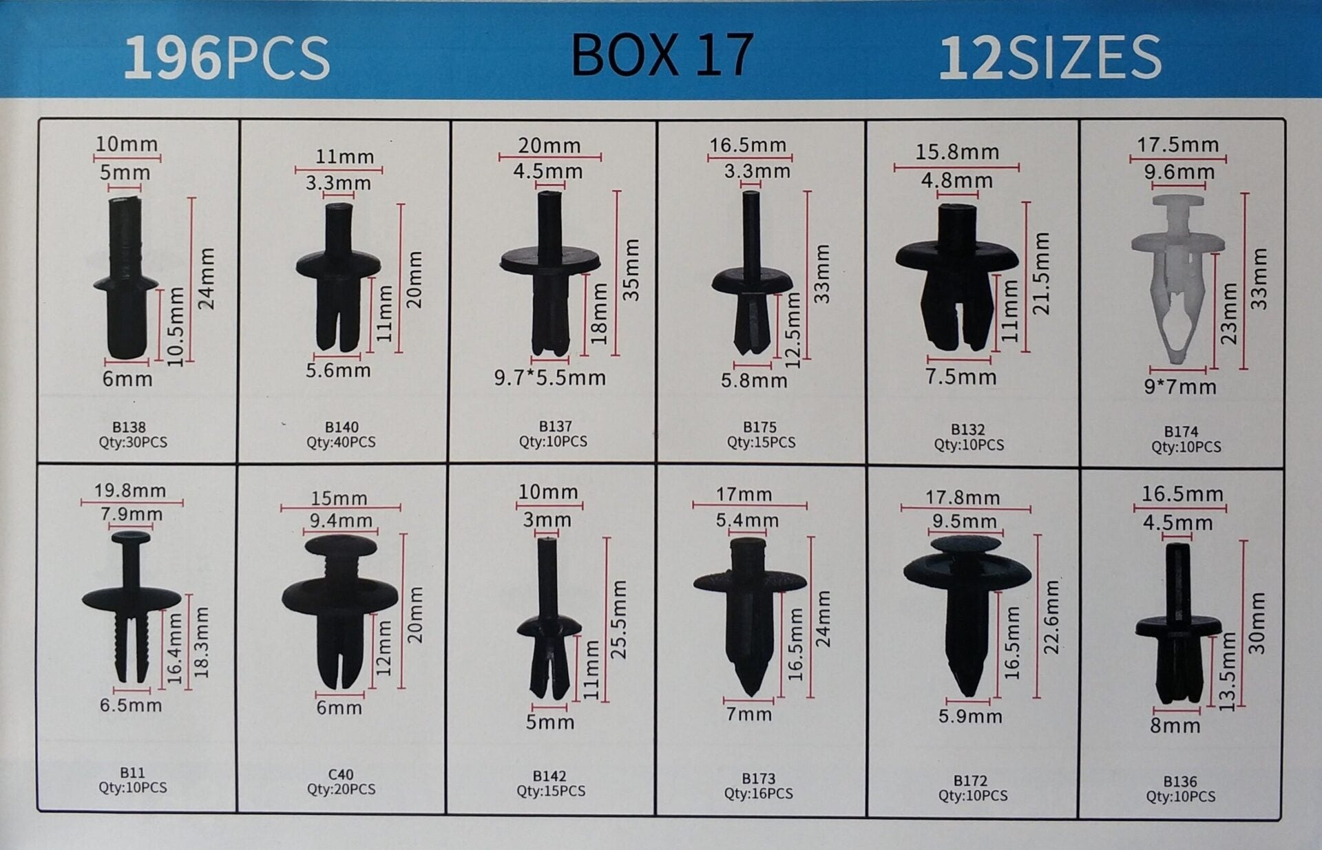 196 pcs 12 Types Plastic Car Body Push Pin Fastener Clip Kit - Electromann SA