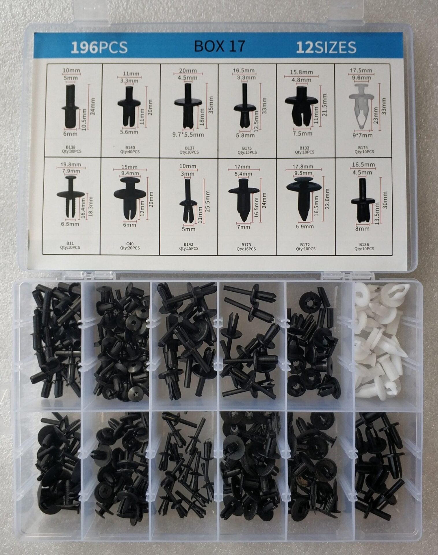 196 pcs 12 Types Plastic Car Body Push Pin Fastener Clip Kit - Electromann SA