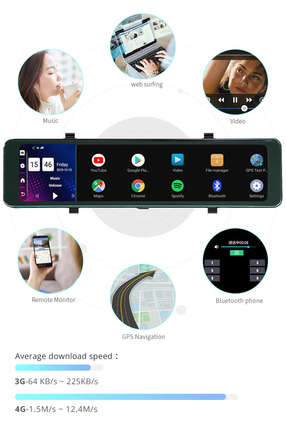 Bluavido 4G ADAS 12" Android Car Mirror Dash Camera GPS Navigator - Electromann SA