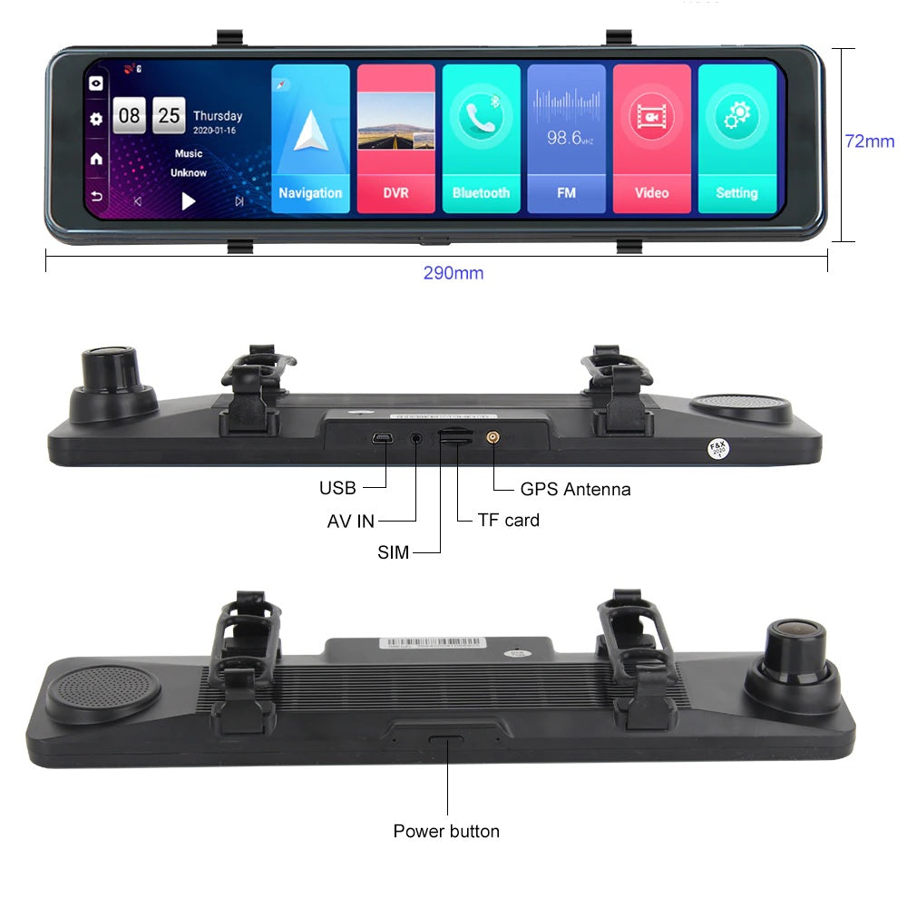 Bluavido 4G ADAS 12" Android Car Mirror Dash Camera GPS Navigator - Electromann SA