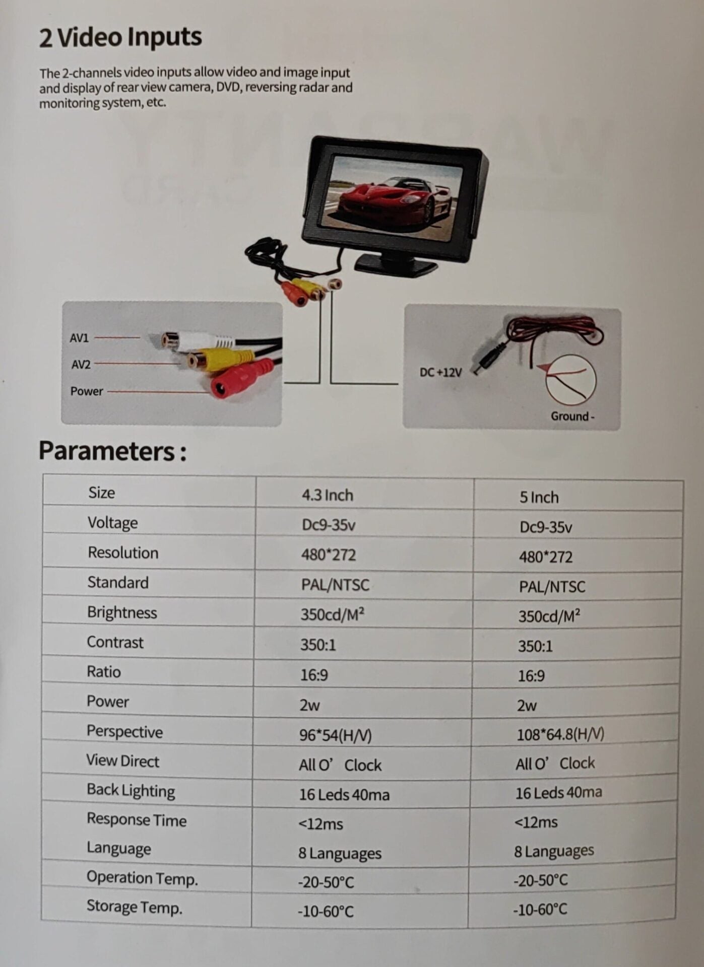 Andowl Q-CA902 4.3 Inch HD Color AV TFT-LCD Monitor - Electromann SA