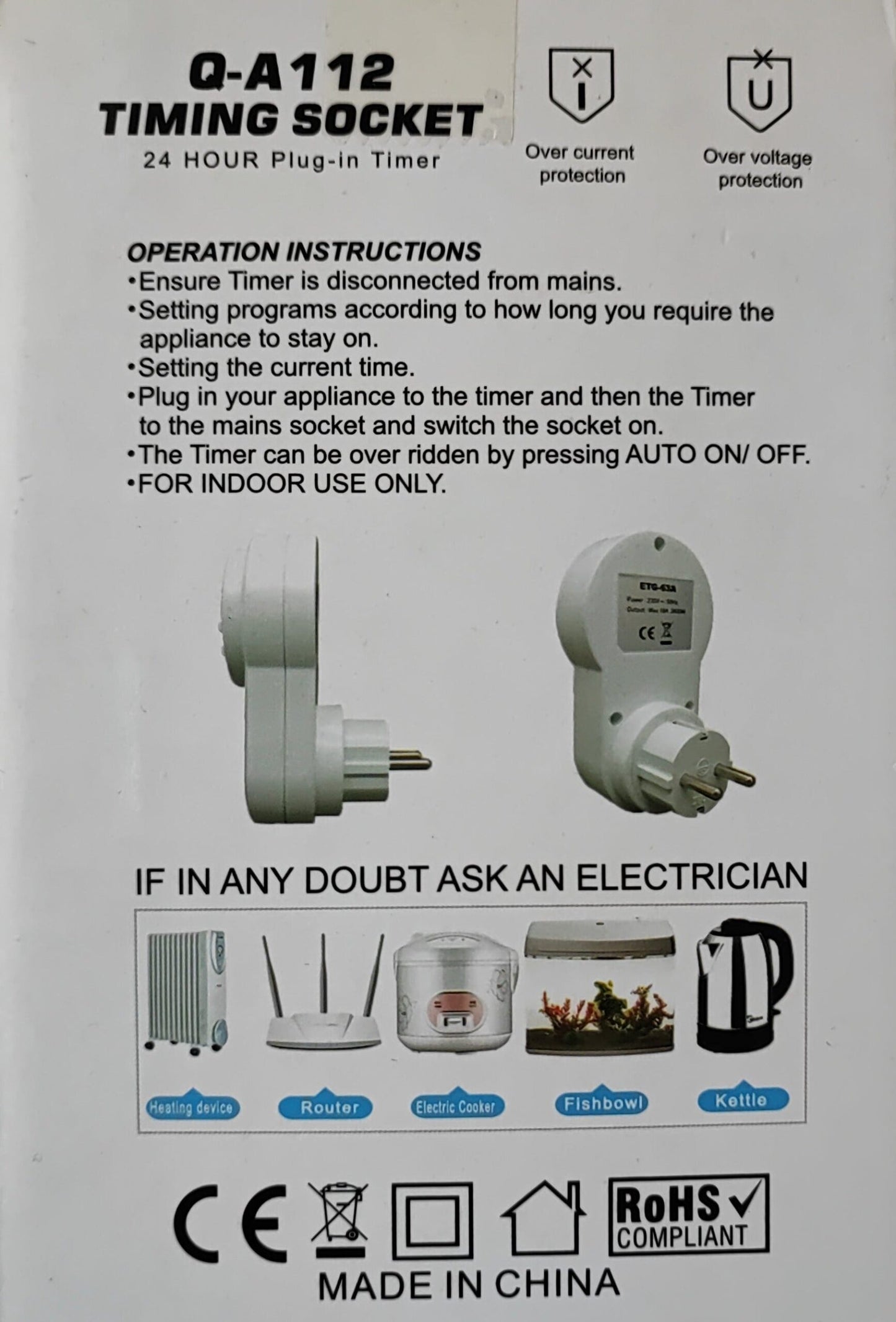 Andowl Q-A112 220V 24 Hour Programmable Digital LCD Power Timer Switch - Electromann SA