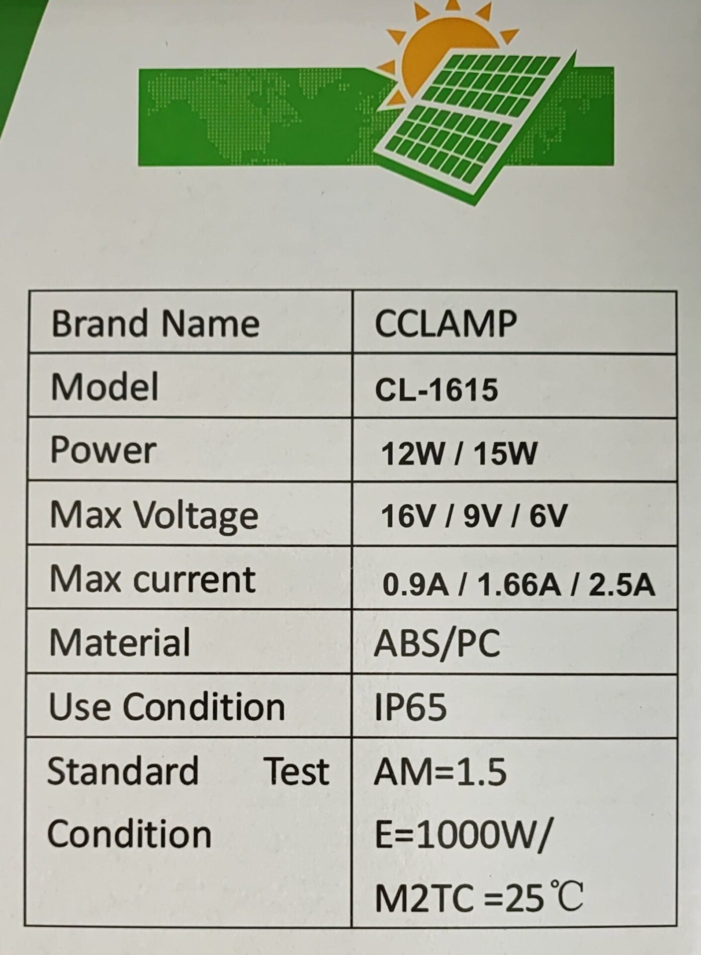 CCLamp CL-1615 15W Solar Mobile Phone and Battery Charger - Electromann SA
