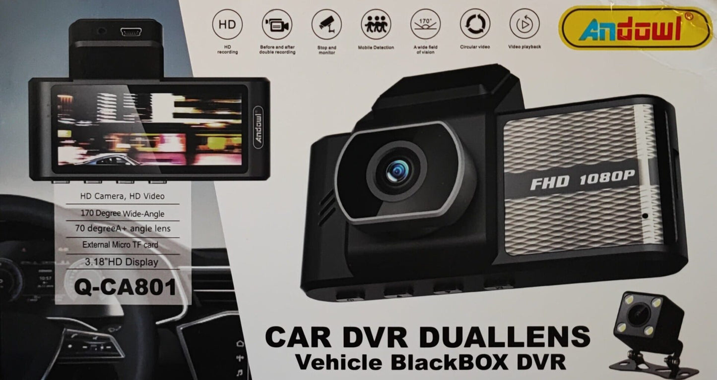 Andowl Q-CA801 Wifi HD Vehicle Dual Lens BlackBox DVR with Android App - Electromann SA