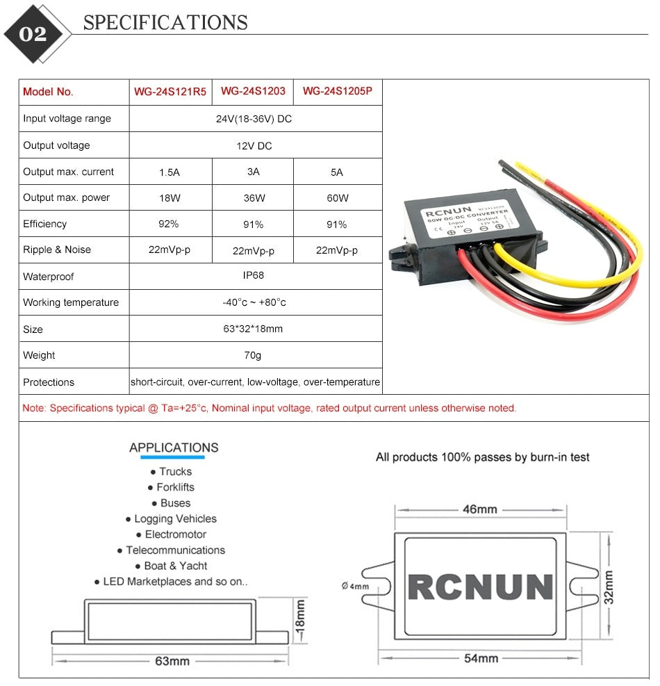 RCNUN 24V to 12V 5A Step-down DC DC Converter - Reliable and Efficient Power Conversion - Electromann SA