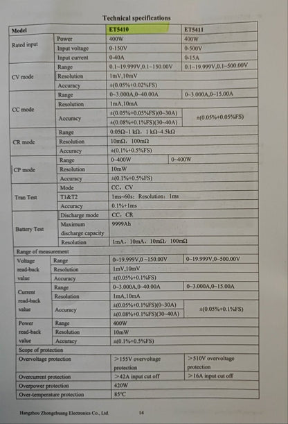 ET5410 150v DC 40A Professional Electronic Programmable Digital Load Tester - Electromann SA
