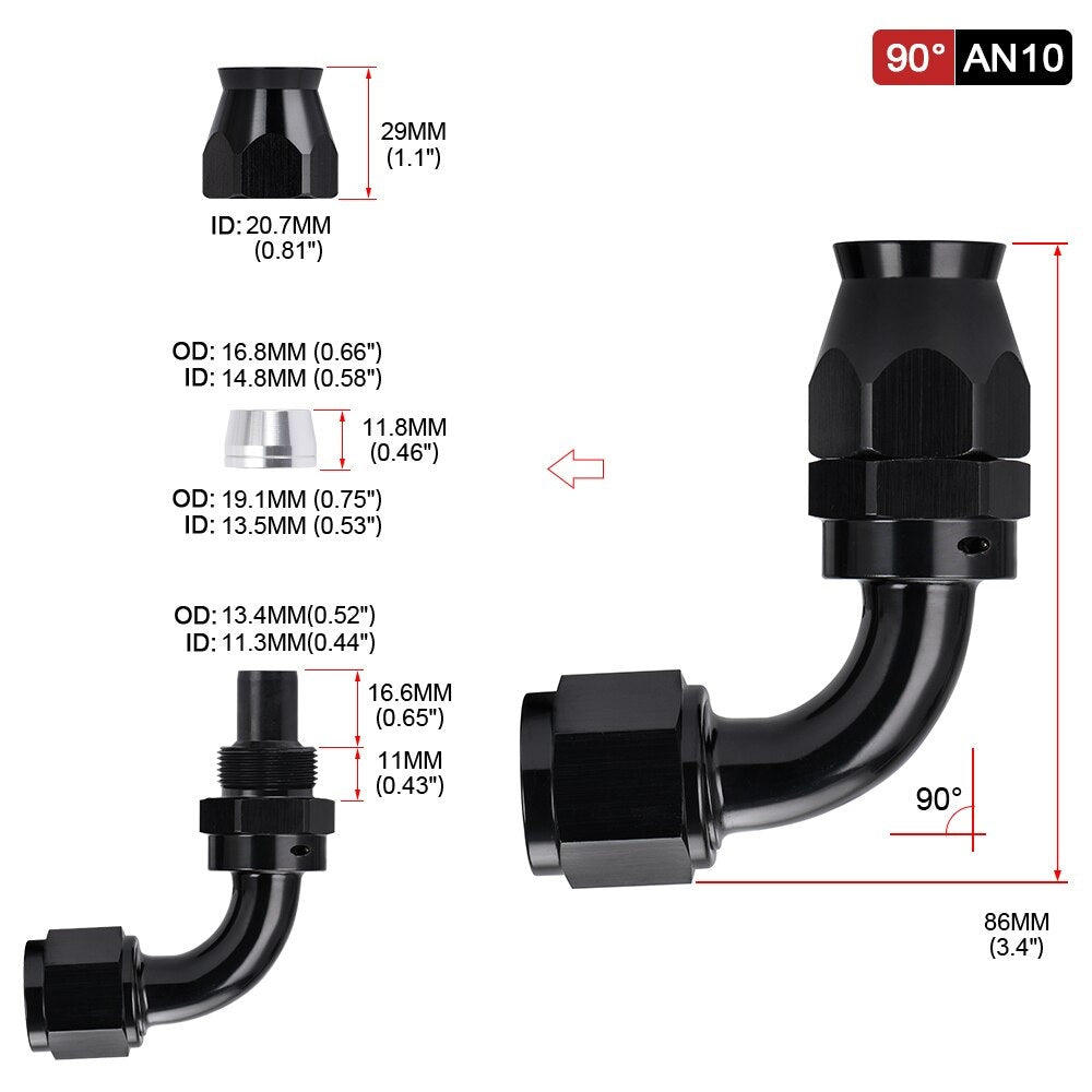 PTEF AN10 90 Degree Hose End Fitting For Stainless Steel Braided Hose - Electromann SA