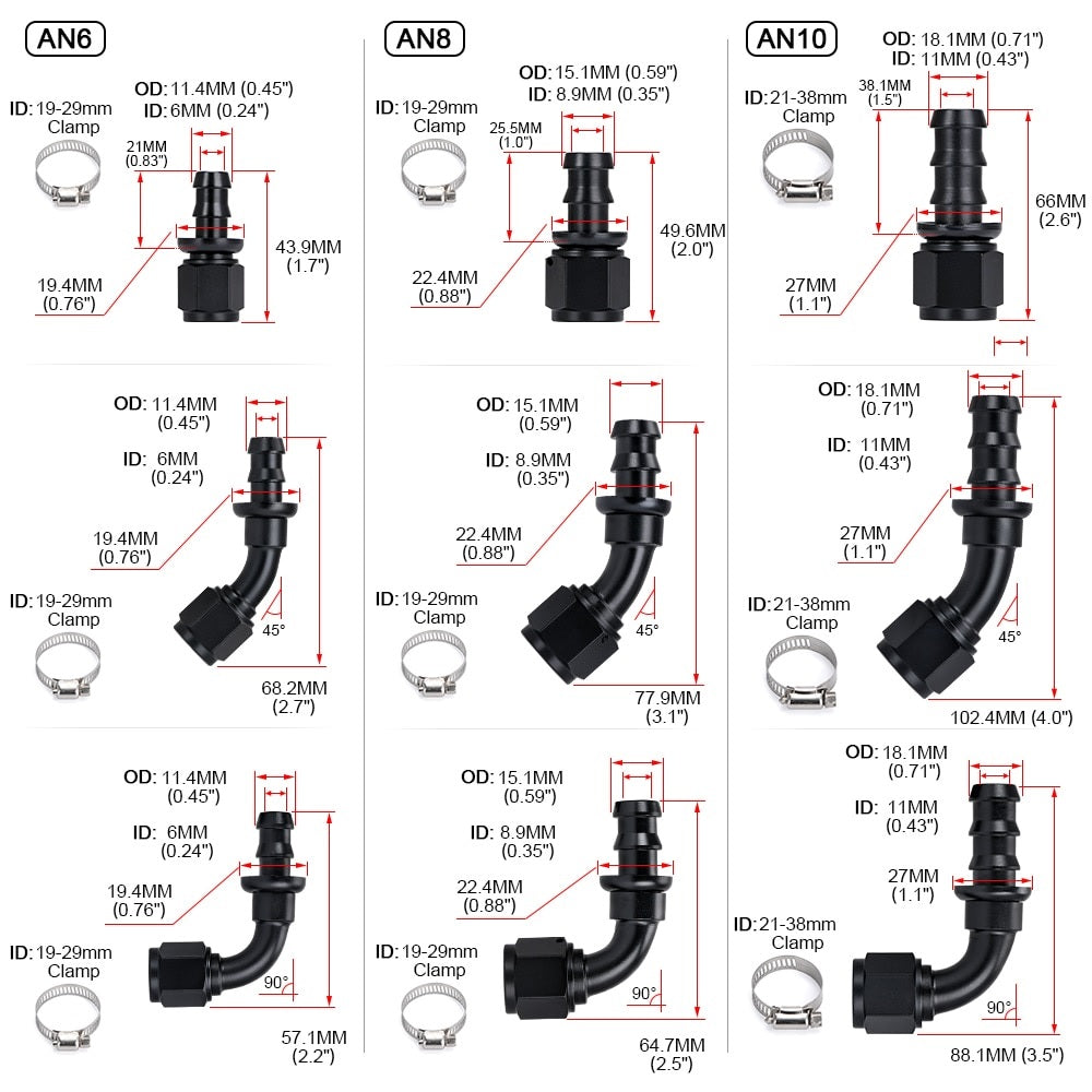 Universal AN6 Push-on 90Degree Reusable Hose End Fittings - Electromann SA