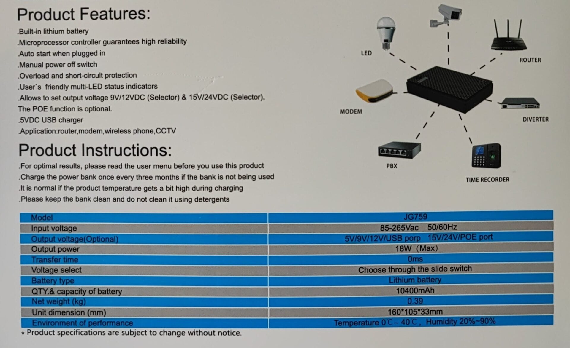 Jiageng 10400mah Portable Rechargeable Mini UPS - Electromann SA