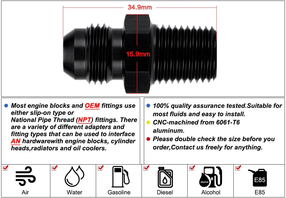 AN6 to 1/4 NPT Straight Adapter Flare Male Fitting - Electromann SA