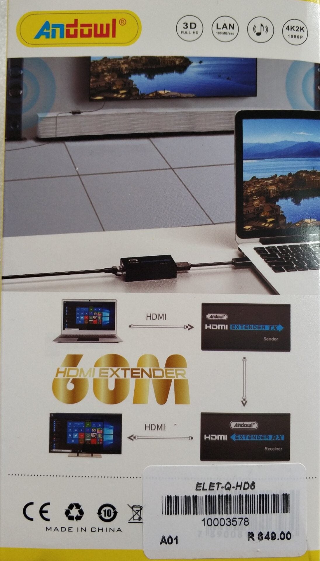 Andowl Q-HD6 60m HDMI Over CAT5e/CAT6 Extender - Extend HDMI Signals up to 60m - Electromann SA