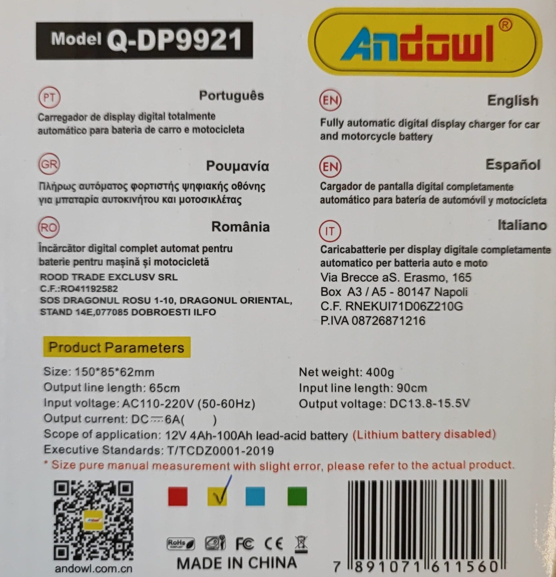 Andowl Q-DP9921 12V Intelligent Rapid Battery Charger - Fast and Efficient Charging - Electromann SA