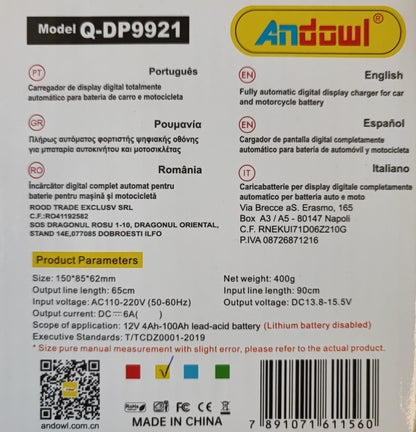 Andowl Q-DP9921 12V Intelligent Rapid Battery Charger - Fast and Efficient Charging - Electromann SA