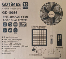 GDTIMES 16Inch Solar Rechargeable Fan and LED Light Kit - Stay Cool and Illuminated Anywhere - Electromann SA