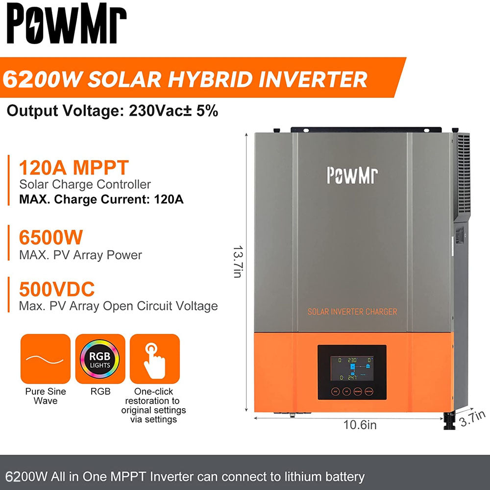 PowMr 6.2KW 48v 120Amp MPPT Pure Sine Hybrid Solar Inverter - Electromann SA