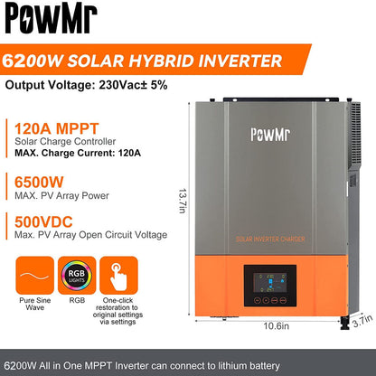 PowMr 6.2KW 48v 120Amp MPPT Pure Sine Hybrid Solar Inverter - Electromann SA