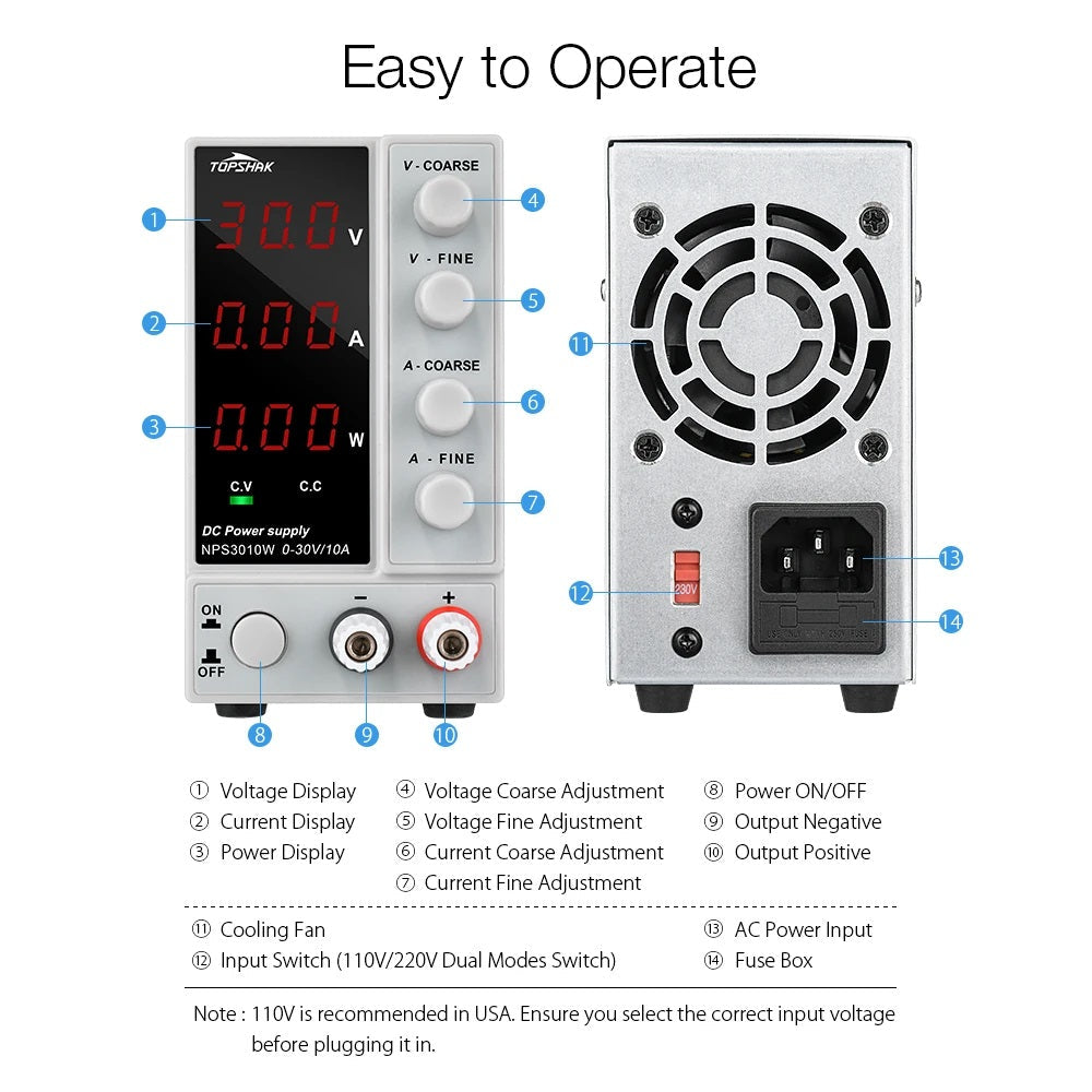 WANPTEK NPS605W 0-60V 0-5A 300W Adjustable Digital DC Power Supply - Electromann SA