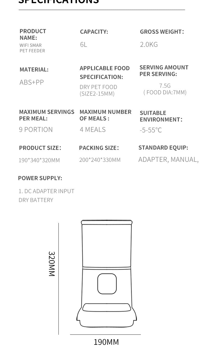 6L Smart Wifi Camera Automatic Pet Feeder For Cats and Dogs - Remote Monitoring and Scheduled Feeding - Electromann SA