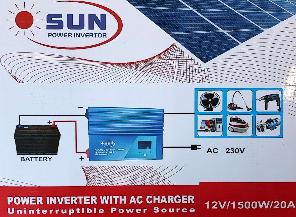 SUN S-4015 1500Watt 12v DC to 220v AC Sine Wave Inverter/Charger - Reliable Power Solution for Household Appliances - Electromann SA
