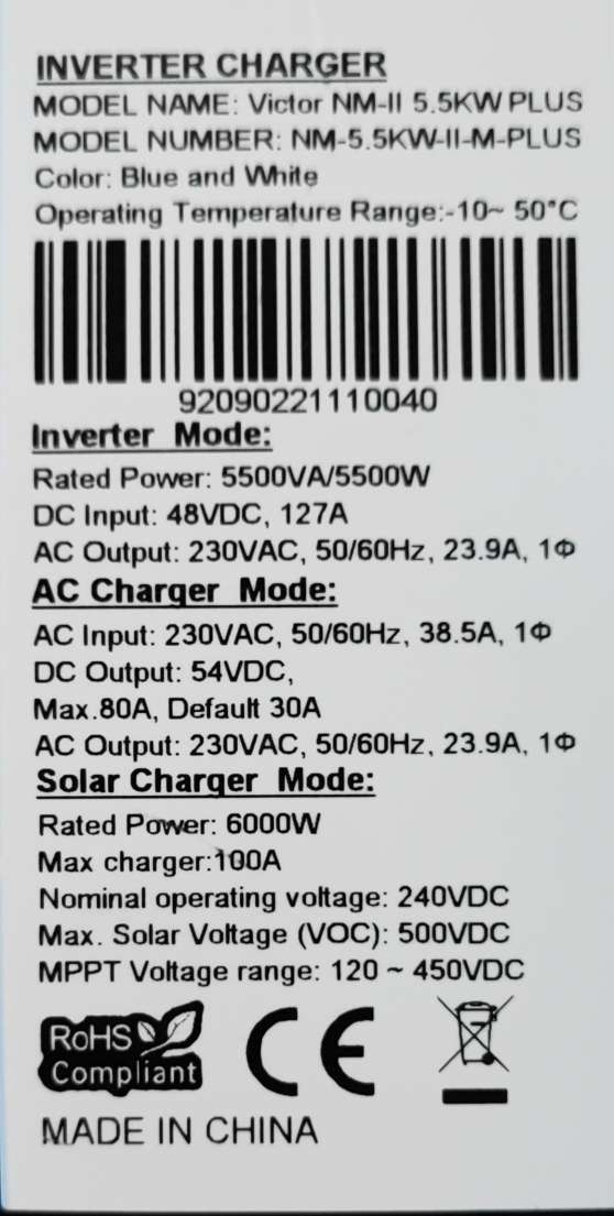 VICTOR NM-II 5.5Kw 48v Pure Sine Wave Hybrid Solar Inverter: Efficient and Reliable Solar Power Conversion - Electromann SA
