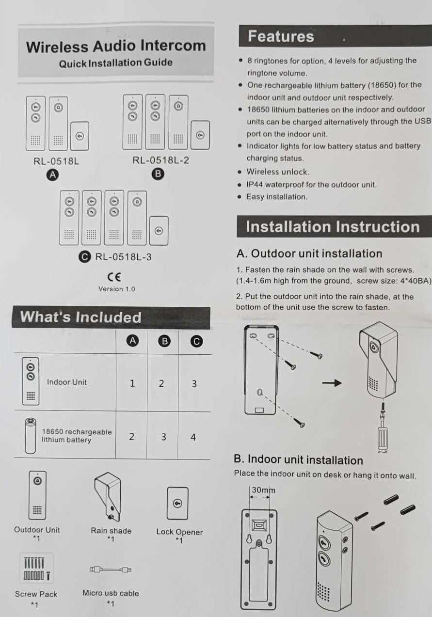 RL-0518L Wireless Audio Home and Office Intercom System: Clear and Reliable Communication Solution - Electromann SA