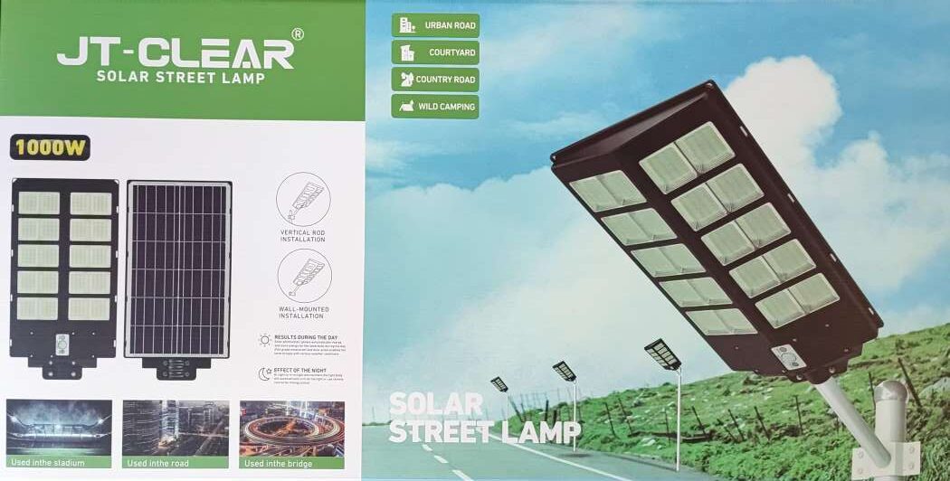JT-CLEAR 1000Watt Solar Powered LED Street/Pole Light - High-Quality Sustainable Lighting Solution - Electromann SA