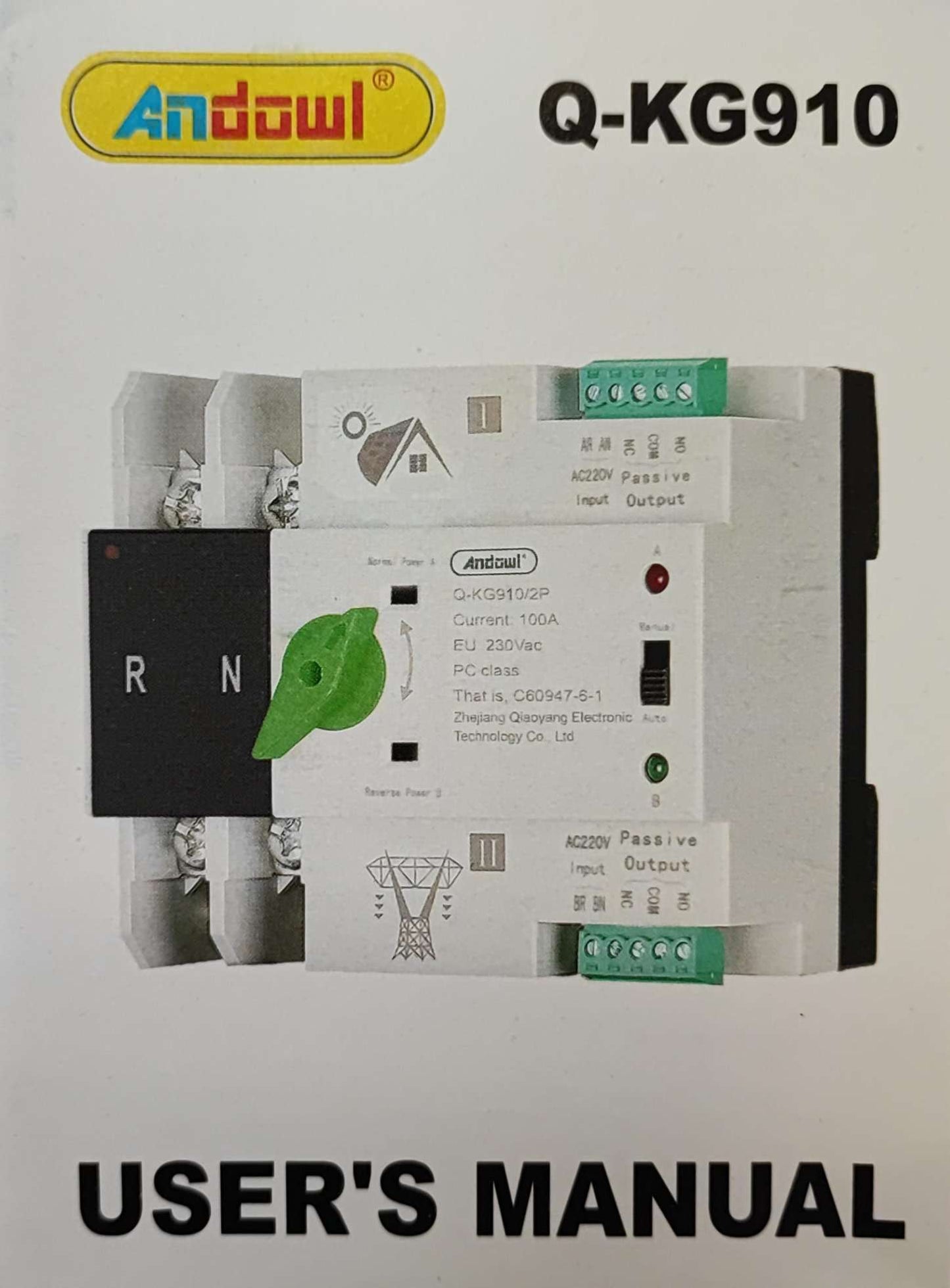 Andowl Q-KG910 Din Rail 100Amp 2 Pole AC220v Automatic Dual Power Transfer Switch - Electromann SA