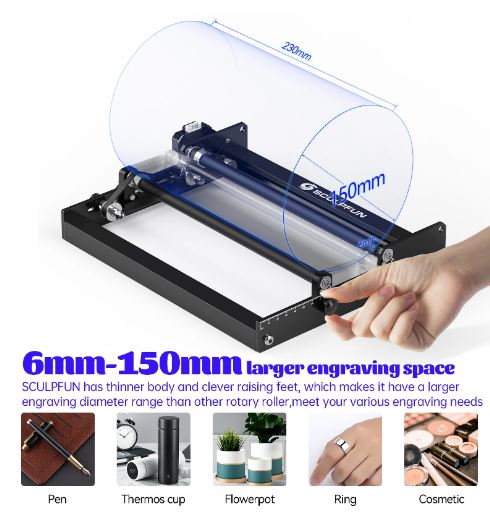 DEMO SCULPFUN S9 Laser Engraving and Cutting Machine + Laser Rotary Roller Combo - Electromann SA