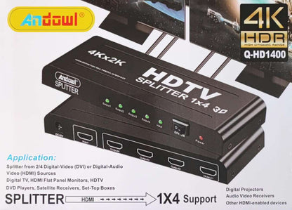 ANDOWL Q-HD1400 3D 1080P 1 to 4 HDMI Splitter - Distribute HDMI Signal to Four Displays Simultaneously - Electromann SA