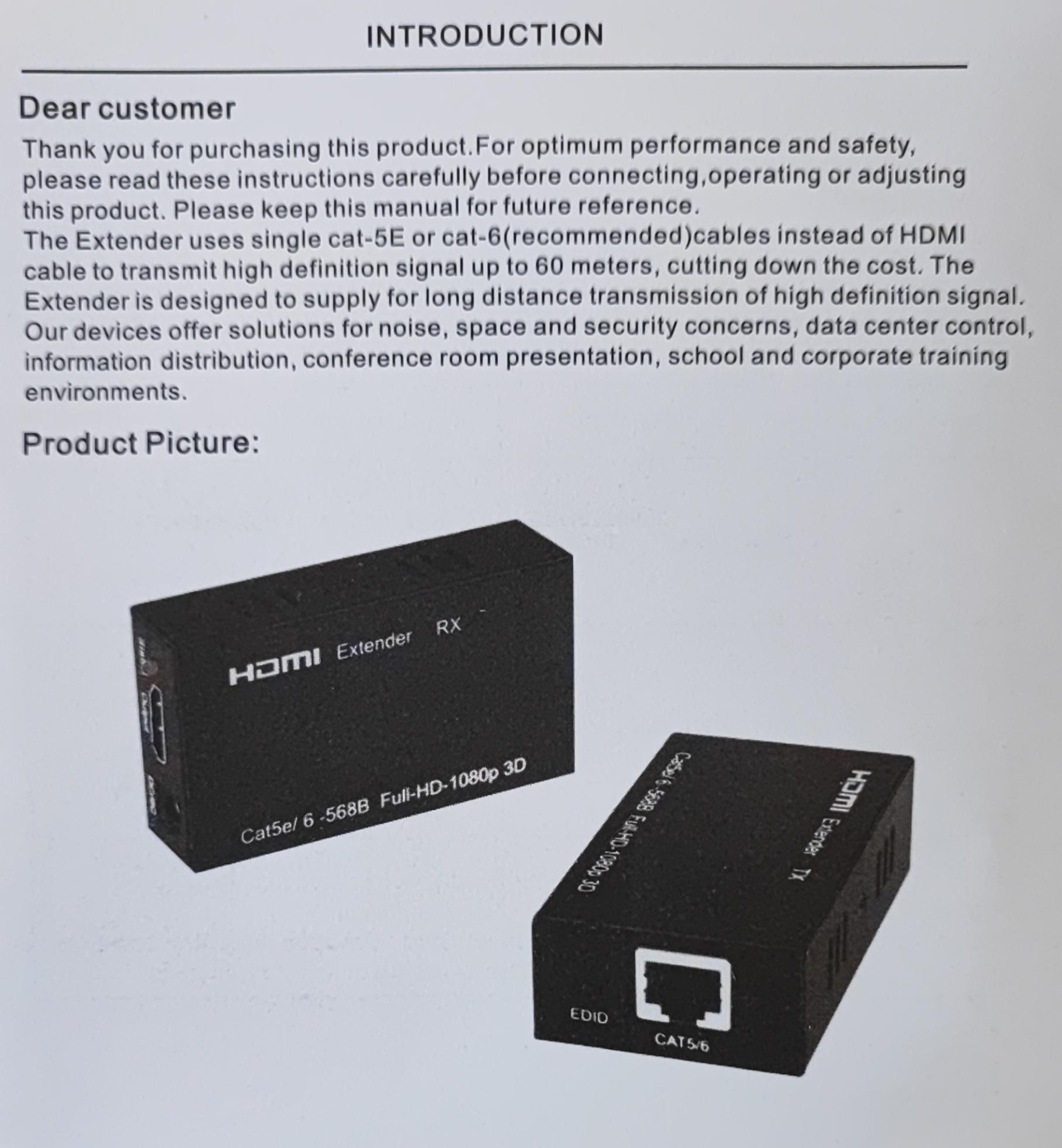 High-Quality 60m HDMI 1080P Over CAT5e/CAT6 Extender | Extend HDMI Signals up to 60 Meters - Electromann SA