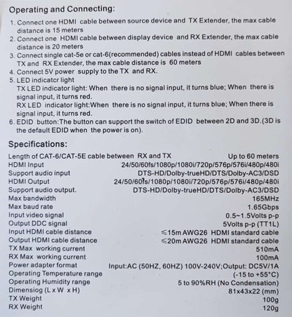 High-Quality 60m HDMI 1080P Over CAT5e/CAT6 Extender | Extend HDMI Signals up to 60 Meters - Electromann SA
