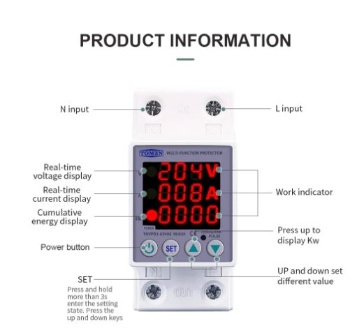 63A 230V Din Rail Adjustable Over Under Voltage Protector Device Protector Relay Over Current Protector Adjustable Voltage Current Protection LCD Digital Display Power Consumption Watt-Hour Meter 63A 230V Din Rail Adjustable Over Under Voltage Protector Device Protector Relay Over Current Protector Adjustable Voltage Current Protection LCD Digital Display Power Consumption Watt-Hour Meter