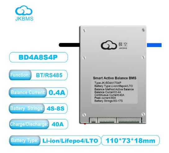JK Active Balance Smart BMS 8S 40A - High-Quality Battery Management System for Lifepo4 Li-Ion Lto Battery - Electromann SA