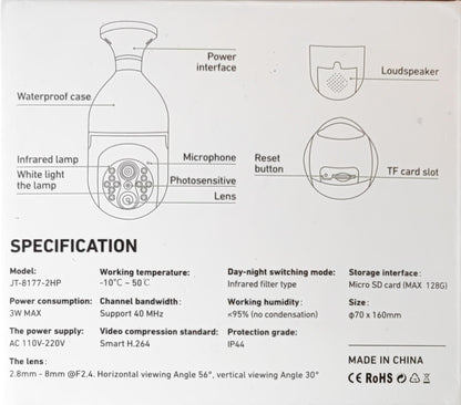 JT-CLEAR 2MP HD Wifi Intelligent Cradle Head Smart Camera - High-Quality Surveillance Camera with Remote Monitoring and Motion Detection - Electromann SA