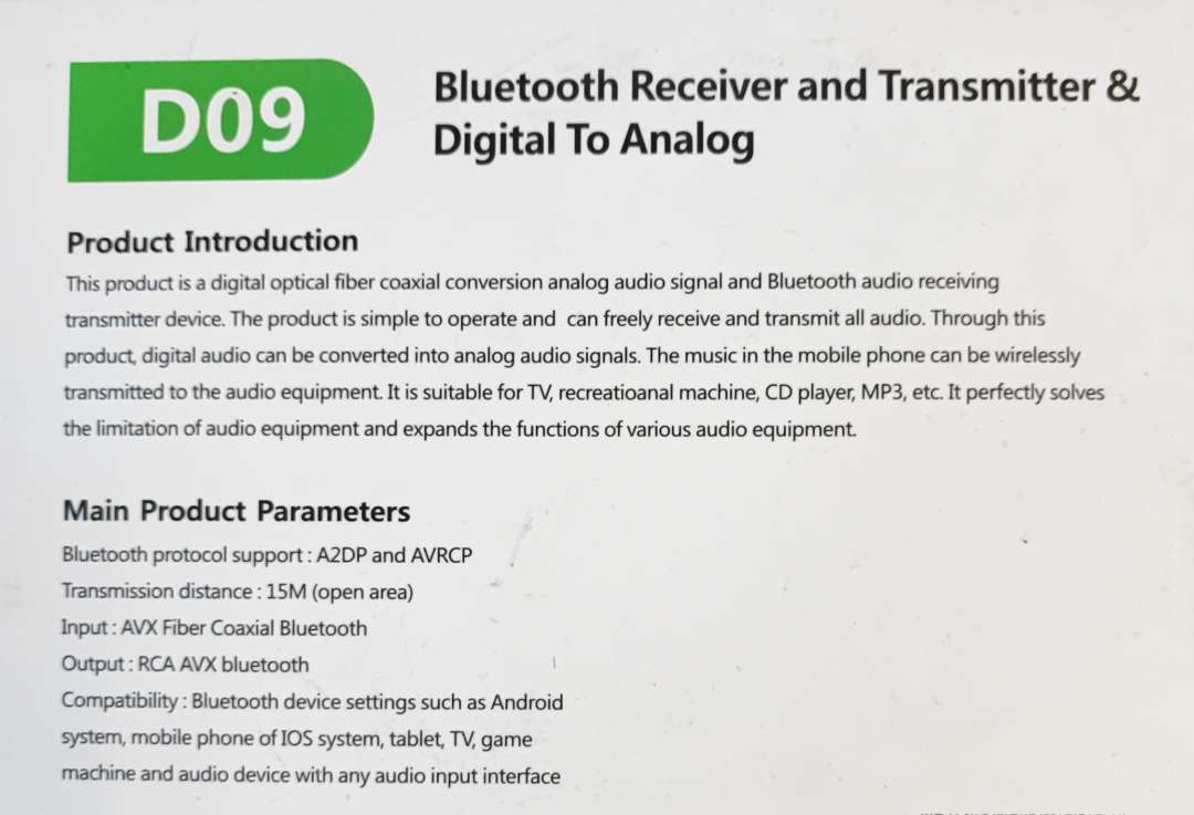 D09 Wireless Bluetooth Receiver/Transmitter and Digital to Analog Converter - Stream Music Wirelessly & Enhance Audio Quality - Electromann SA