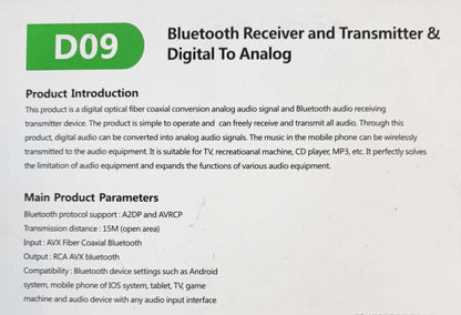 D09 Wireless Bluetooth Receiver/Transmitter and Digital to Analog Converter - Stream Music Wirelessly & Enhance Audio Quality - Electromann SA