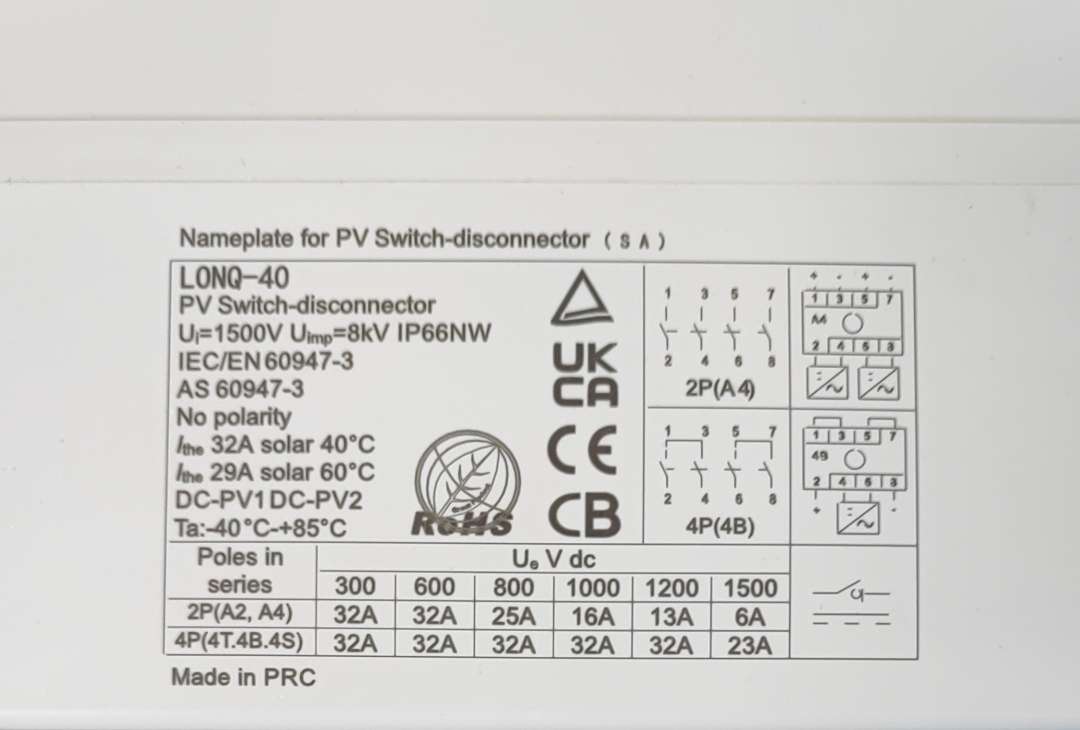 DR Light LONQ-40 40Amp Solar Photovoltaic DC Isolator Switch - Electromann SA