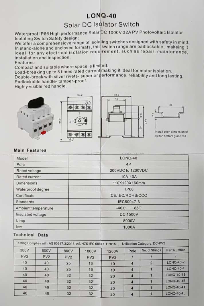 DR Light LONQ-40 40Amp Solar Photovoltaic DC Isolator Switch - Electromann SA