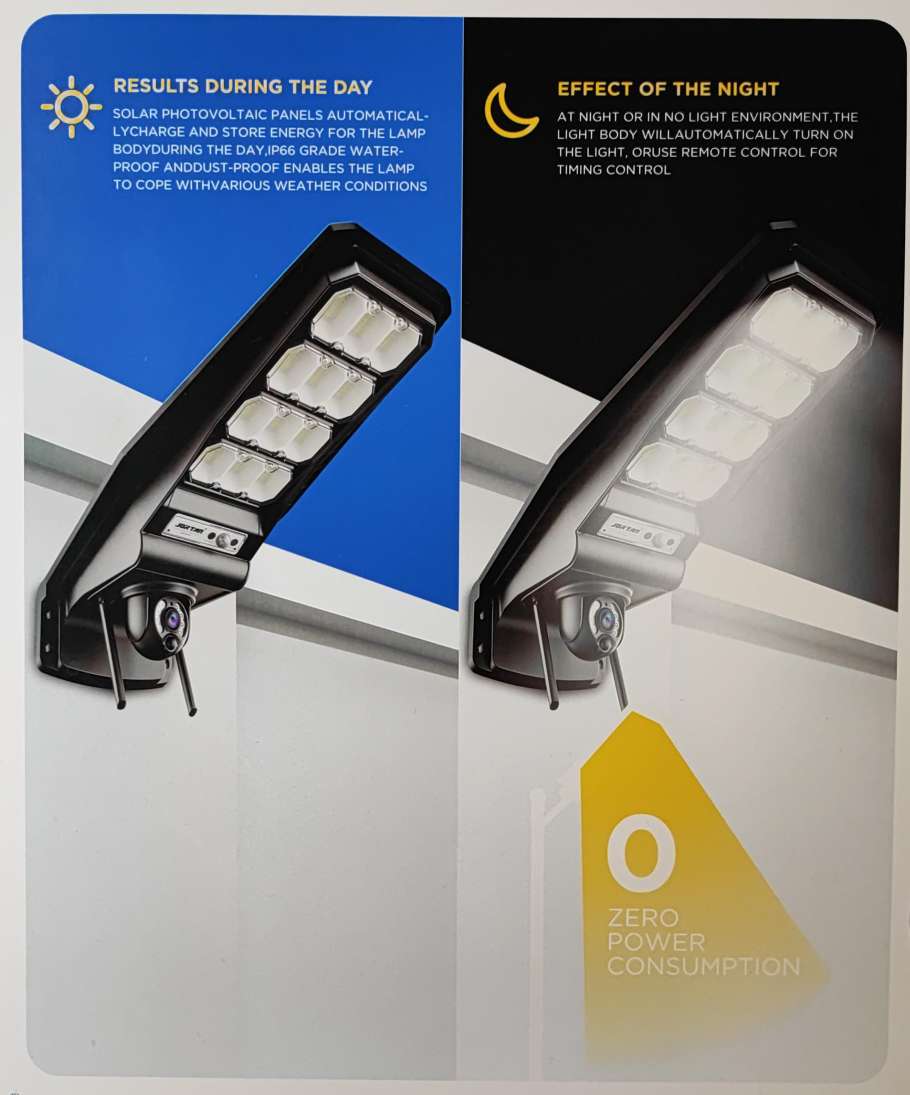 Jortan Solar Powered LED Street Pole Light with Wifi IP Camera - Eco-friendly Outdoor Lighting with Surveillance - Electromann SA