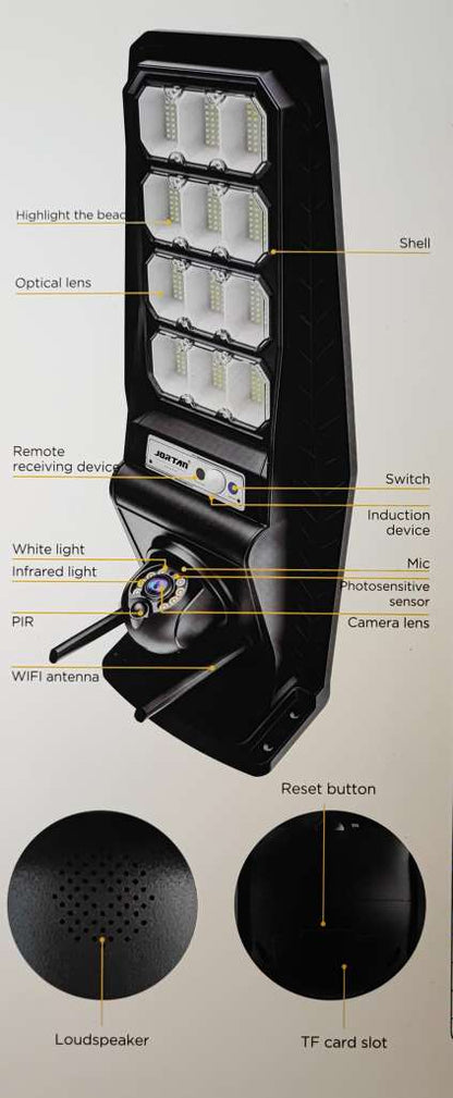 Jortan Solar Powered LED Street Pole Light with Wifi IP Camera - Eco-friendly Outdoor Lighting with Surveillance - Electromann SA