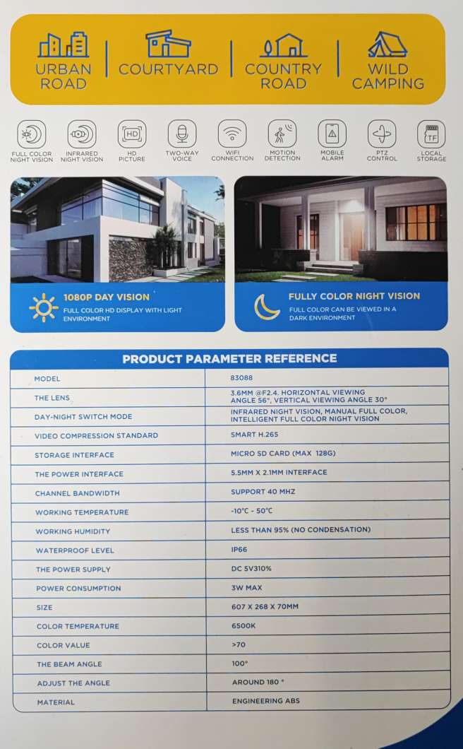 Jortan Solar Powered LED Street Pole Light with Wifi IP Camera - Eco-friendly Outdoor Lighting with Surveillance - Electromann SA
