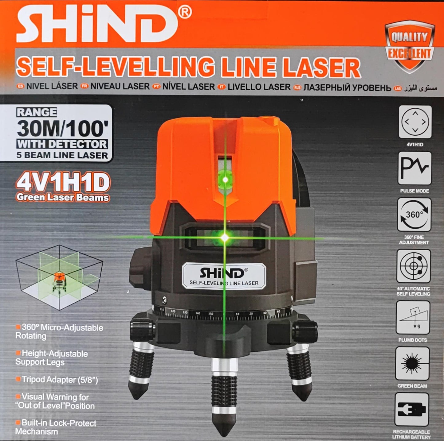 SHIND High Quality 30Meter 5 Beam 4V1H1D Laser Level - Versatile and Accurate Tool for Leveling and Alignment - Electromann SA